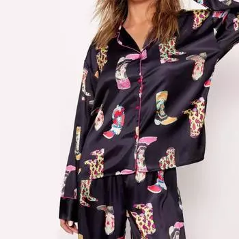 2 шт./комплект осень-зима женская пижама костюм атласный цветной принт лацкан длинный рукав топ широкие брюки пижамы повседневная домашняя одежда одежда S зелёный