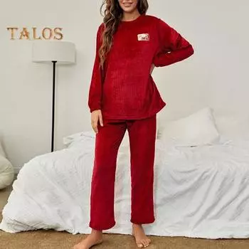 2 шт./комплект осень-зима женская пижама костюм круглый вырез длинный рукав фланелевый топ толстые свободные эластичные брюки на талии пижамы повседневная домашняя одежда одежда M чёрный