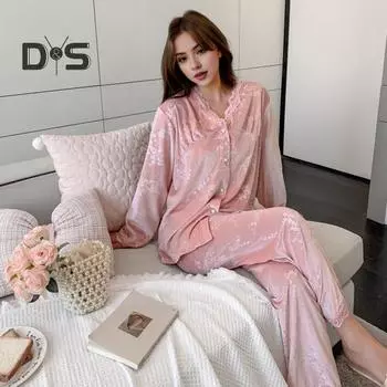 2 шт./комплект осень-зима женская пижама костюм кружевная отделка V-образный вырез принт длинный рукав коралловый флисовый топ свободные эластичные брюки пижамы повседневная домашняя одежда L зелёный