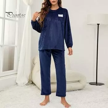 2 шт./комплект осень-зима женская пижама костюм круглый вырез длинный рукав фланелевый топ толстые свободные эластичные брюки на талии пижамы повседневная домашняя одежда одежда M темно-синий