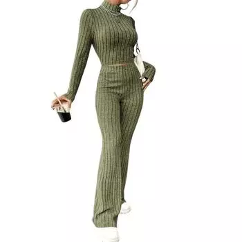 2 шт./комплект осень-зима женский топ брюки комплект полувысокий воротник длинные рукава облегающий свитшот высокий S армия зеленый