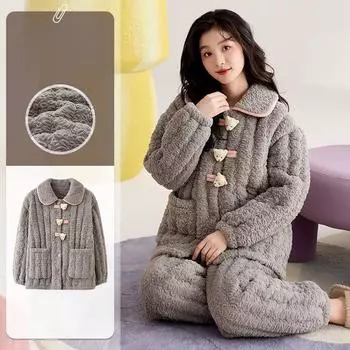 2 шт./комплект осенне-зимняя пижама женская утолщенная мягкая теплая студенческая коралловая для девочек бархатный костюм домашняя одежда кардиган брюки M