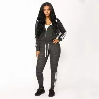 2 шт./комплект, пальто на молнии с капюшоном, длинные брюки, костюм, рукава, однотонная женская толстовка с капюшоном, эластичная, с высокой талией XL чёрный