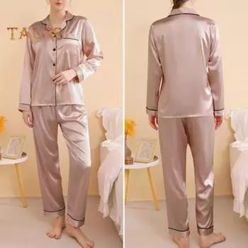 2 шт./комплект пижамный костюм атласный однобортный кардиган рубашка V-образный вырез воротник однотонная рубашка широкие свободные брюки ночная рубашка одежда для сна S