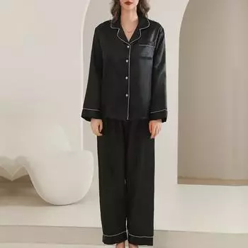 2 шт./комплект пижамный костюм искусственный шелк однобортный искусственный шелк кардиган рубашка V-образный вырез рубашка с вырезом воротник широкие брюки свободные ночная рубашка S