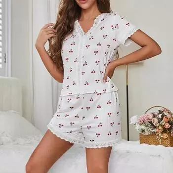2 шт./комплект пижамный костюм кружевной сращивание V-образный вырез короткий рукав топ вишневый принт комфорт домашняя одежда повседневный топ шорты комплект одежды для сна L белый