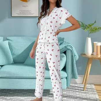 2 шт./комплект пижамный костюм кружевной сращивание V-образный вырез короткий рукав топ вишневый принт S белый