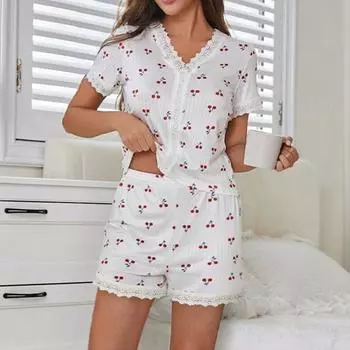 2 шт./комплект пижамный костюм кружевной сращивание V-образный вырез короткий рукав топ вишневый принт комфорт домашняя одежда повседневный топ шорты комплект одежды для сна M белый