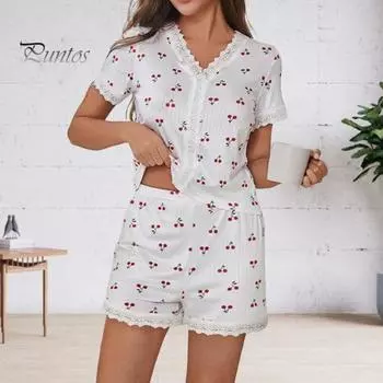 2 шт./комплект пижамный костюм кружевной сращивание V-образный вырез короткий рукав топ вишневый принт комфорт домашняя одежда повседневный топ шорты комплект одежды для сна L белый