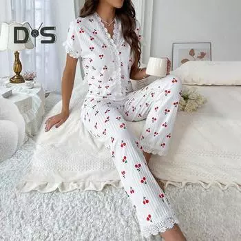 2 шт./комплект пижамный костюм кружевной сращивание V-образный вырез короткий рукав топ вишневый принт домашняя одежда повседневный топ брюки комплект одежды для сна S белый