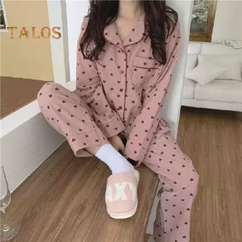 2 шт./комплект пижамный костюм с принтом в горошек однобортный кардиган рубашка с V-образным вырезом рубашка с вырезом воротник широкие свободные брюки ночная рубашка одежда для сна L