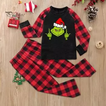 2 шт./комплект пижамы для родителей и детей с рисунком из мультфильмов, с длинными рукавами, семейная рождественская пижама, одинаковые комплекты, верхняя одежда для сна, широкие брюки, повседневная одежда для сна Kid-2Y зелёный
