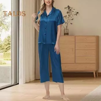2 шт./комплект пижамы Ice Silk, рубашка с длинным рукавом и застежкой на пуговицы, эластичный пояс, широкие укороченные брюки, домашняя одежда, повседневный наряд, весенняя одежда для сна S темно-синий