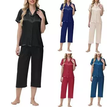 2 шт./комплект пижамы Ice Silk, рубашка с длинным рукавом и застежкой на пуговицы, эластичный пояс, широкие укороченные брюки, домашняя одежда, повседневный наряд, весенняя одежда для сна S вино красного