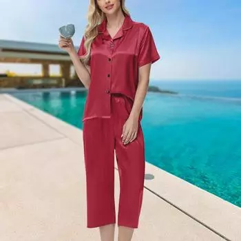 2 шт./комплект пижамы Ice Silk, рубашка с длинным рукавом и застежкой на пуговицы, эластичный пояс, широкие укороченные брюки, домашняя одежда, повседневный наряд, весенняя одежда для сна S синий