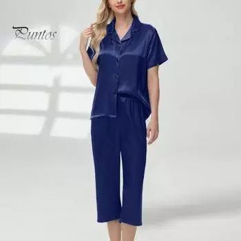 2 шт./комплект пижамы Ice Silk, рубашка с длинным рукавом и застежкой на пуговицы, эластичный пояс, широкие укороченные брюки, домашняя одежда, повседневный наряд, весенняя одежда для сна S чёрный