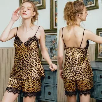 2 шт./комплект пижамы имитация шелка леопардовая пижама большой размер домашнее нижнее белье подтяжки пижама S