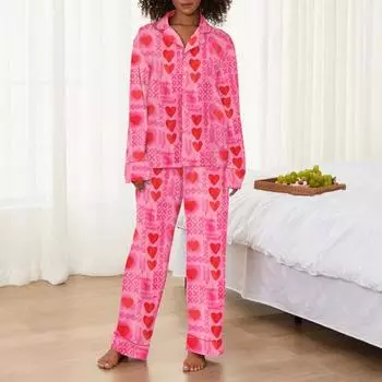 2 шт./комплект пижамы ко Дню святого Валентина с бантом и лацканами, застегивающаяся на пуговицы рубашка с длинным рукавом, эластичный пояс, широкие брюки, домашняя одежда, повседневный наряд, весенняя одежда для сна L красный