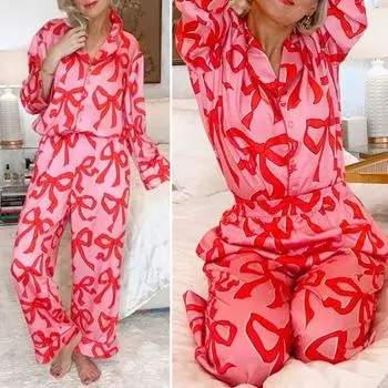 2 шт./комплект пижамы ко дню святого валентина с бантом и лацканами на пуговицах с длинным рукавом рубашка M розовый