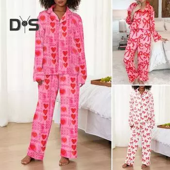 2 шт./комплект пижамы ко Дню святого Валентина с бантом и лацканами, застегивающаяся на пуговицы рубашка с длинным рукавом, эластичный пояс, широкие брюки, домашняя одежда, повседневный наряд, весенняя одежда для сна L розовый