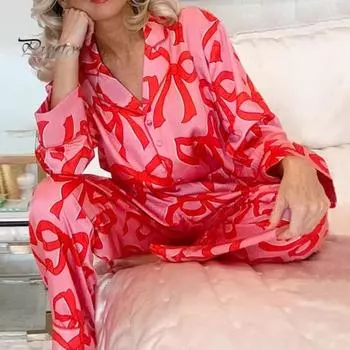 2 шт./комплект пижамы ко Дню святого Валентина с бантом и лацканами, застегивающаяся на пуговицы рубашка с длинным рукавом, эластичный пояс, широкие брюки, домашняя одежда, повседневный наряд, весенняя одежда для сна L розовый