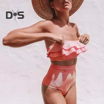 2 шт./комплект пляжный комплект бикини с оборками в полоску пэчворк танкини с высокой талией раздельный пляжный эластичный быстросохнущий купальный костюм S зелёный