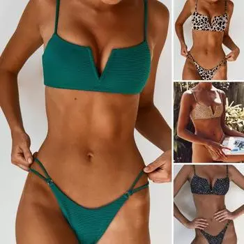 2 шт./комплект регулируемые бретельки-спагетти маленький V-образный вырез бикини комплект сексуальный леопард M чёрный