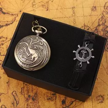 2 шт./комплект, ретро модные мужские карманные часы, винтажное ожерелье с тремя головами дракона, кварцевые карманные часы и 1 шт. браслет, идеальный выбор для подарков