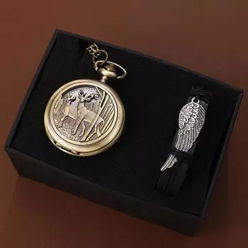 2 шт./комплект, ретро модные мужские карманные часы, классические винтажные кварцевые карманные часы с подвеской в виде оленя и 1 шт. повседневный классический браслет, идеально подходит для мужчин