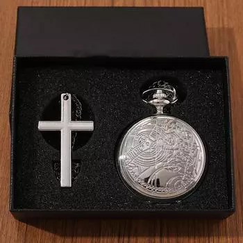 2 шт./комплект, ретро модные мужские карманные часы, винтажный резной дизайн ожерелье кулон кварцевые карманные часы и 1 шт. винтажный классический крест ожерелье кулон