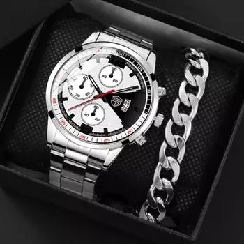 2 шт./комплект роскошные мужские классические кварцевые наручные часы модные мужские часы из нержавеющей стали с календарем и деловым браслетом для мужчин