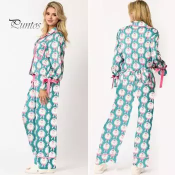 2 шт./комплект рождественская пижама с принтом Санты, отложным воротником, однобортная, с длинным рукавом, атласная ночная рубашка, кардиган, топ, широкие брюки, одежда для сна на Новый год S розовый