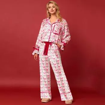 2 шт./комплект рождественская пижама с принтом Санты отложной воротник однобортный длинный рукав атласная ночная рубашка кардиган S розовый