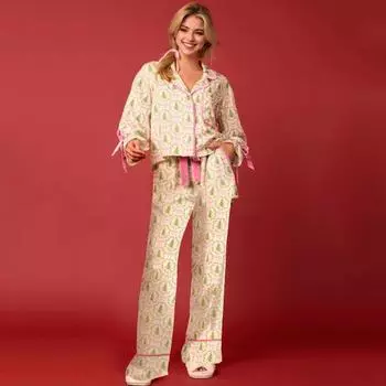 2 шт./комплект рождественская пижама с принтом Санты отложной воротник однобортный длинный рукав атласная ночная рубашка кардиган S розовый