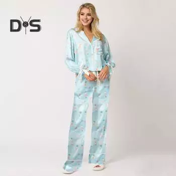 2 шт./комплект рождественская пижама с принтом Санты, отложным воротником, однобортная, с длинным рукавом, атласная ночная рубашка, кардиган, топ, широкие брюки, одежда для сна на Новый год S розовый