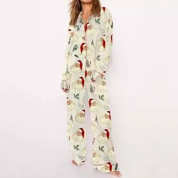 2 шт./комплект рождественская женская пижама костюм атласный Санта принт лацкан длинный рукав топ широкие брюки пижамы повседневная домашняя одежда одежда S белый
