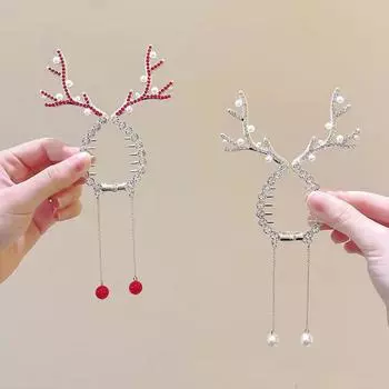 2 шт./комплект рождественский держатель для хвоста с оленями, блестящие заколки-бананы с оленями, стразы, жемчуг, заколки-краб, рождественские аксессуары для волос для женщин Red&White