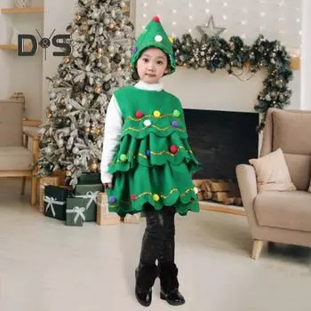 2 шт./комплект рождественский костюм с шапкой, многослойным плюшевым шариком, подвеской, декором, разбросанным подолом в виде торта, без рукавов, с круглым вырезом, трапециевидной формы, рождественская елка, косплей 160cm зелёный