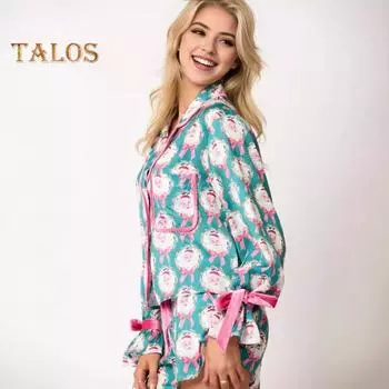 2 шт./комплект рождественской пижамы с отложным воротником, однобортный кардиган с цветным принтом и бантом, топ, эластичная резинка на талии, шорты, одежда для сна, одежда для отдыха Санты 2XL розы красного