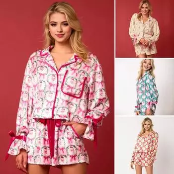 2 шт./комплект рождественской пижамы с отложным воротником, однобортный кардиган с цветным принтом и бантом, топ, эластичная резинка на талии, шорты, одежда для сна, одежда для отдыха Санты L зелёный