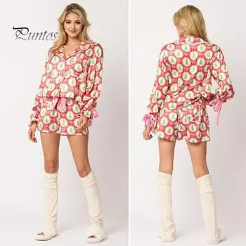 2 шт./комплект рождественской пижамы с отложным воротником, однобортный кардиган с цветным принтом и бантом, топ, эластичная резинка на талии, шорты, одежда для сна, одежда для отдыха Санты L розы красного