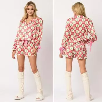 2 шт./комплект рождественской пижамы с отложным воротником, однобортный кардиган с цветным принтом и бантом, топ, эластичная резинка на талии, шорты, одежда для сна, одежда для отдыха Санты S синий