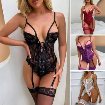 2 шт./комплект сексуальное нижнее белье комплект глубокий V-образный вырез бандажный дизайн комбинезон чулки комплект кружево S