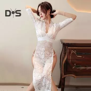 2 шт./комплект, сексуальное ночное белье с глубоким V-образным вырезом и короткими рукавами в стиле чонсам, прозрачное кружевное платье-сетка с цветочным узором