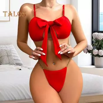 2 шт./комплект сексуальный бюстгальтер комплект регулируемые бретели бант шнуровка нижнее белье цепочка талия трусы комплект микро-эластичные ночные рубашки S