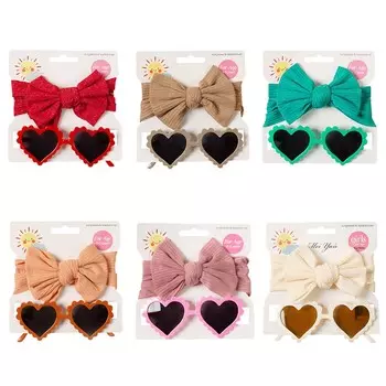 2 шт., комплект солнцезащитных очков с милым сердечком, повязка на голову для девочек и мальчиков, повязка для волос с бантом, летние повязки на голову для новорожденных, пляжные аксессуары ярких цветов, аксессуары для волос