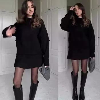 2 шт./комплект свитер юбка комплект с круглым вырезом длинный рукав трикотажные топы средней посадки А-силуэт мини S темно-серого