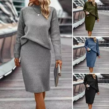 2 шт./комплект свитер юбка костюм трикотажный толстый теплый мягкий однотонный цвет длинный рукав полувысокий воротник устойчивый к холоду разрез подол эластичный повседневный дорожный до колена XL синий