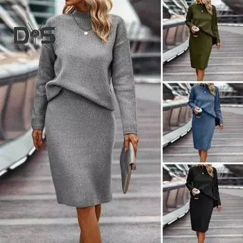 2 шт./комплект свитер юбка костюм трикотажный толстый теплый мягкий однотонный цвет длинный рукав полувысокий воротник устойчивый к холоду разрез подол эластичный повседневный дорожный до колена XL синий