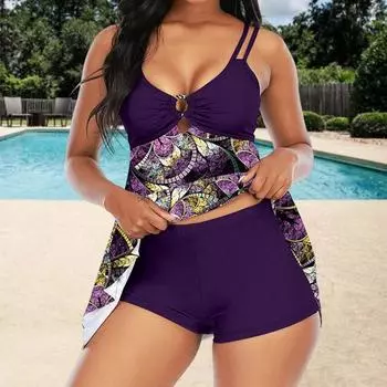 2 шт./комплект танкини комплект V-образный вырез слинг неровный подол купальник топы с подкладками для груди нет M фиолетовый